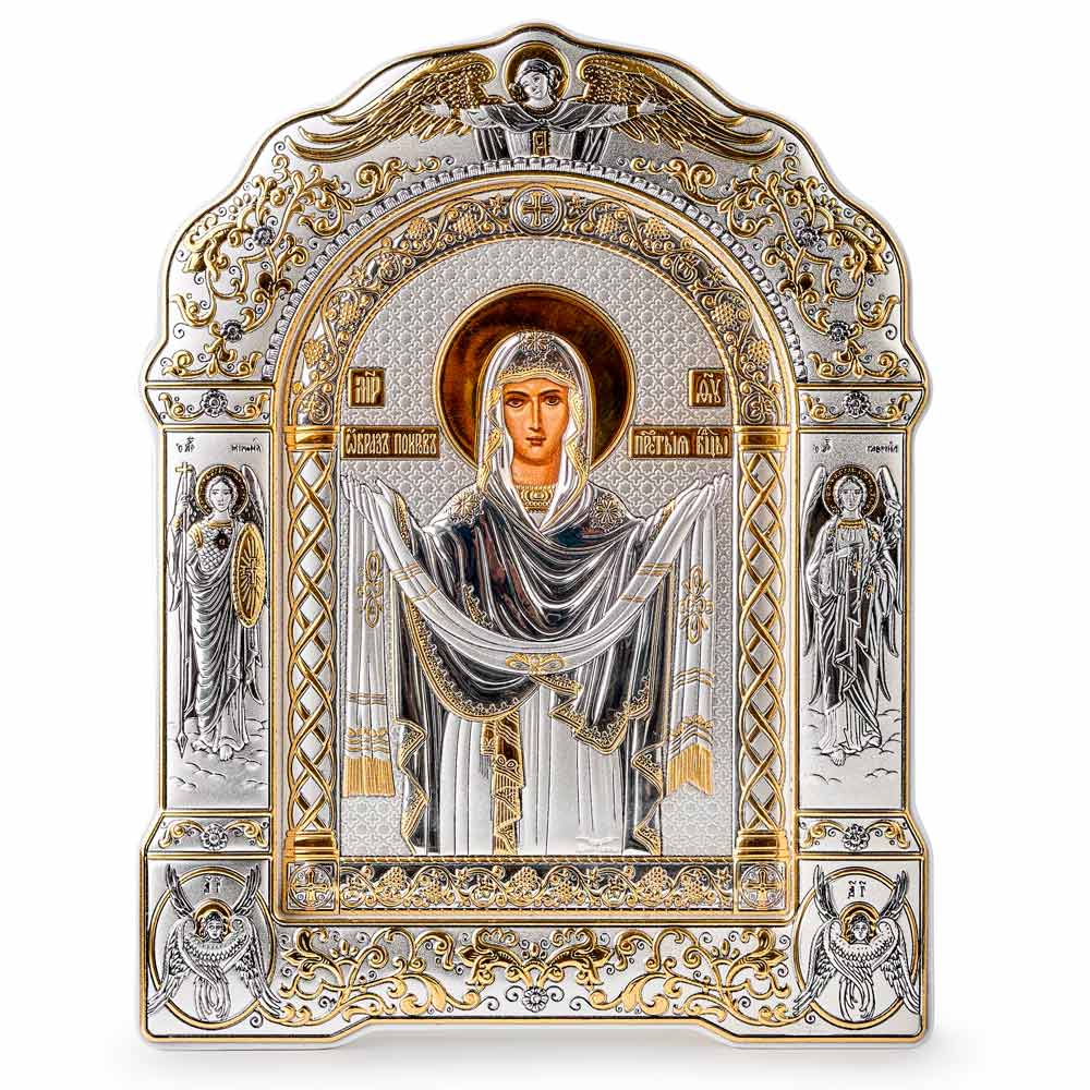 Покрова БМ, икона арочная с рамкой под стеклом, белое дерево