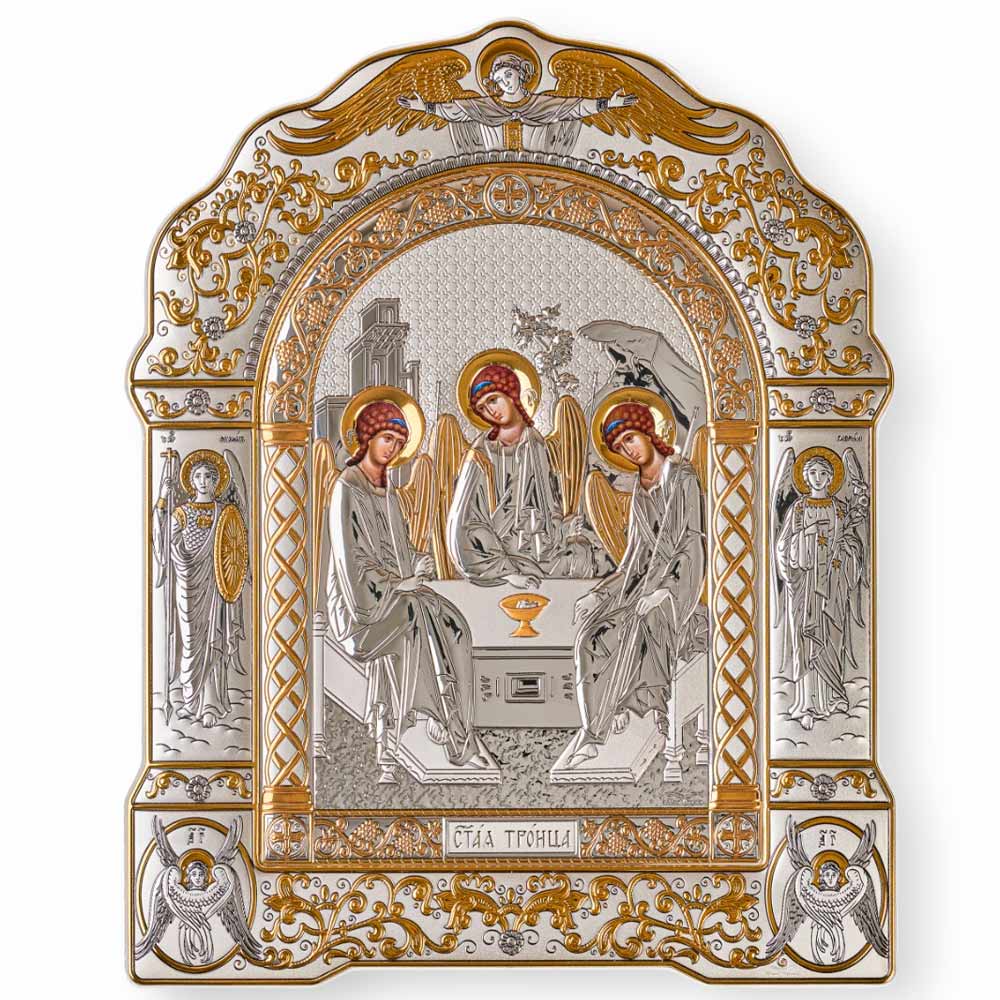 Св. Троица, икона арочная с рамкой под стеклом, красное дерево